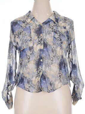 Free People Blue Peacock Feather Sheer Button Down Blouse Size Large Boho